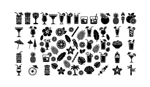 Black tiki cocktail silhouette collection with tropical beverages masks citrus garnishes and island party icons