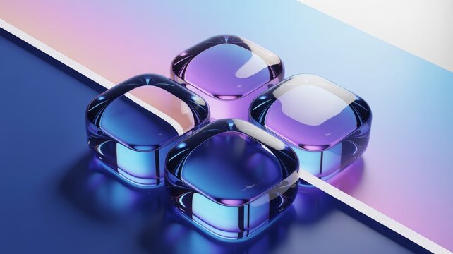 Four shiny metallic objects on a colorful background with blue and pink hues  technology concept