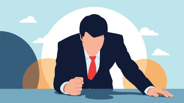 Angry businessman in a dark suit leaning over a desk and hitting it with his fist while showing strong frustration, rage, or disappointment in office.