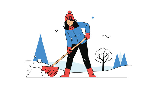 Strong young woman wearing winter clothes and a red hat shoveling snow in a snowy yard or park during winter season.