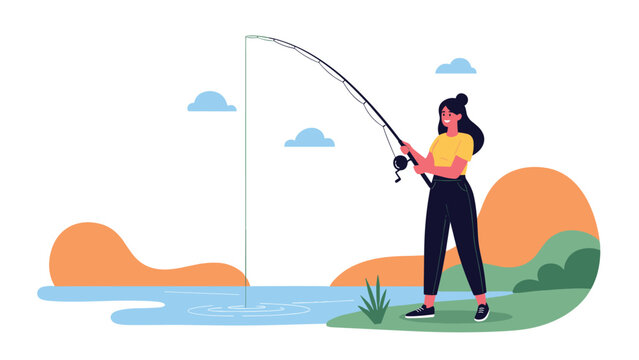 Smiling young woman in a yellow shirt and dark pants enjoys a peaceful day of fishing by the lake with a fishing rod in a natural landscape.