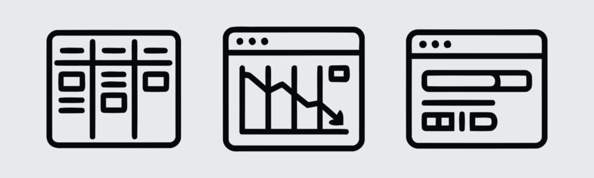 Webpage interface wireframe icons with charts and graphs