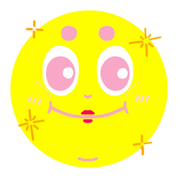 A cute yellow moon character with pink eyes and big smile with sparkles illustration