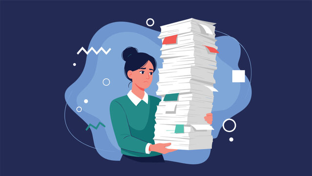 Stressed female office worker carrying a huge and heavy stack of paperwork and documents with a worried expression.