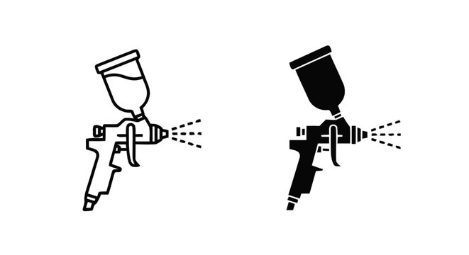 Vector illustration of spray gun icons, outline and solid style for painting on a transparent background