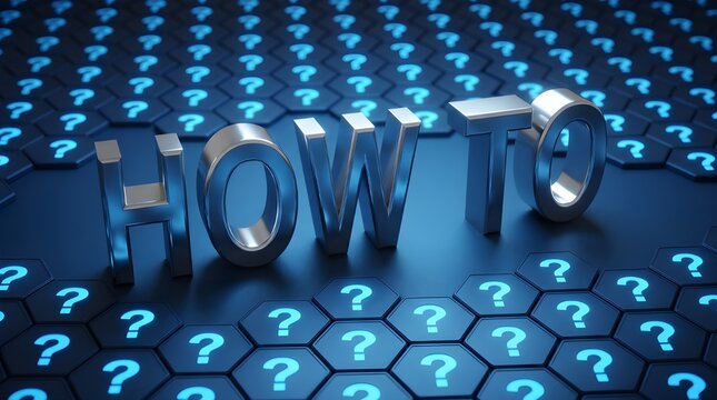 3D Chrome "How To" Text on Blue Hexagonal Question Mark Background