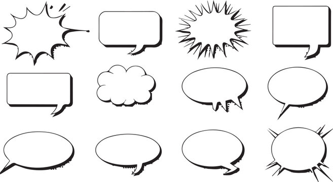 comic book speech bubbles and text boxes for dialogue  various shapes and sizes