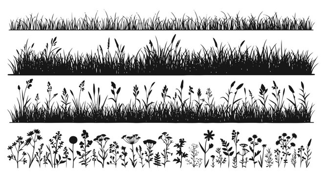 Vector illustration of black grass and meadow wildflower silhouettes border set for nature design on a transparent background