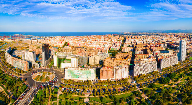 Valencia city aerial panoramic view in Spain