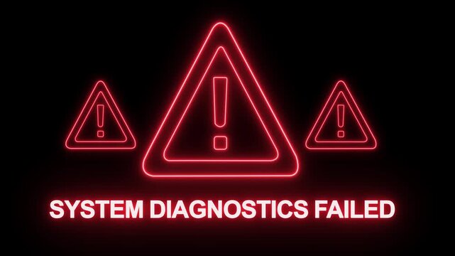 Glowing red neon warning sign displaying system diagnostics failed text alert with flashing hazard triangles for critical software error notifications and cybersecurity breach emergency security