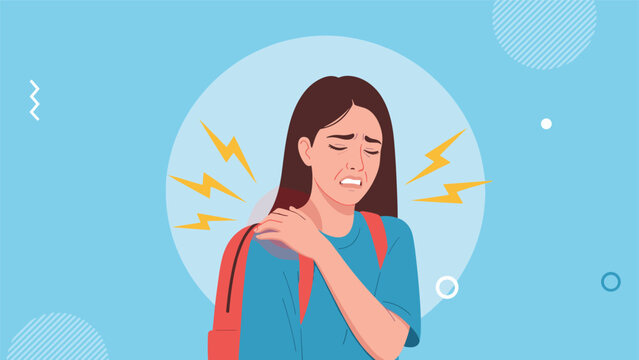 Young woman wearing a backpack winces in pain and touches her shoulder, illustrating muscle strain, injury, or heavy load discomfort.
