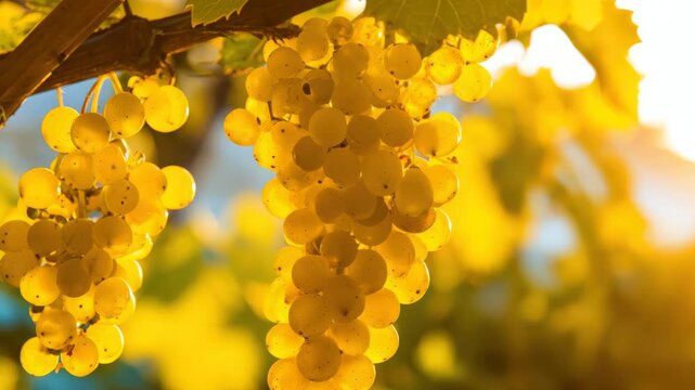 Ripe white grapes clustered on the vine in a vineyard, ready for harvest and winemaking