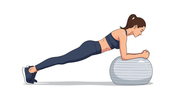Athletic woman in a black sports outfit performs a challenging plank exercise on a grey fitness ball to strengthen her core muscles.