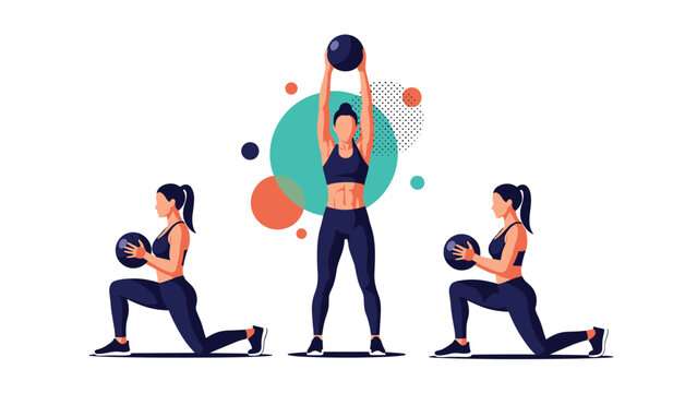 Fitness woman performing lunges with a black medicine ball in three positions to demonstrate a functional core and leg workout.