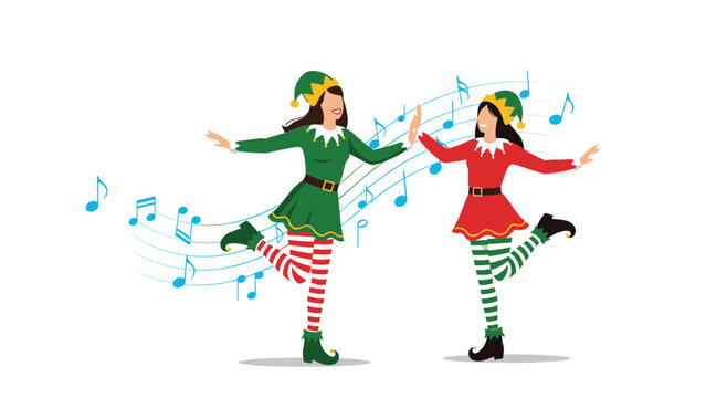 Two happy Christmas elves in red and green costumes dancing joyfully with musical notes swirling around them in a festive scene.