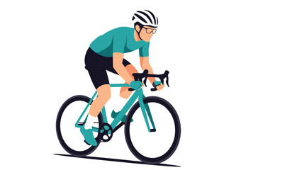 Naklejka premium Athletic cyclist wearing a helmet and sunglasses riding a bicycle at high speed on a white background.