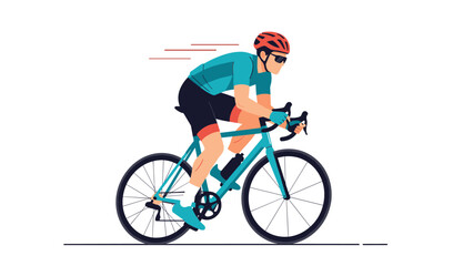 Naklejka premium Professional cyclist in a teal jersey and helmet riding a racing bike with speed lines on a white background.