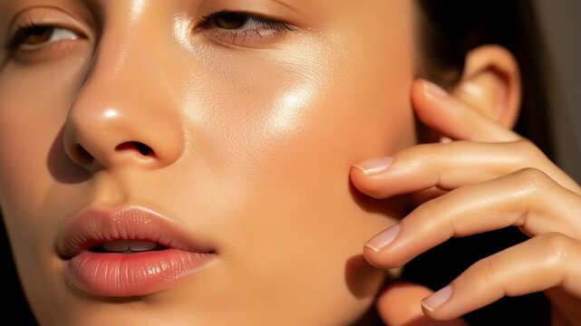 Woman applying facial skincare product.