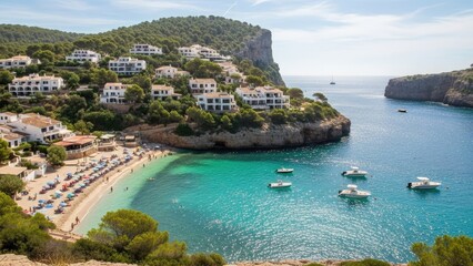 Fototapeta premium Coastal village on cliffside by turquoise sea with boats and beach