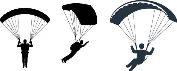 Skydiving and Paragliding Parachutist Silhouettes Set with Skydiver Characters Jumping and Gliding in Extreme Sports Action Vector Illustration Isolated on White Background © monoara