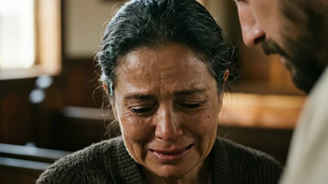 Crying woman looking at Jesus Christ in church. Devout lady praying with emotion before savior. Religious scene of faith, sorrow, grace, and spiritual connection.