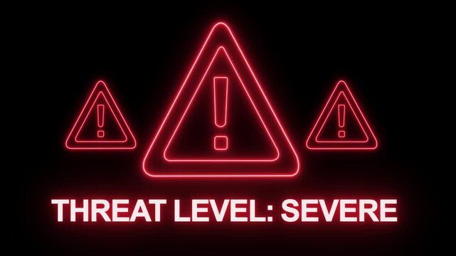 Neon red glowing warning sign with exclamation mark symbol and bold text displaying threat level severe for cybersecurity alerts, digital emergency notifications, system security breach, and data