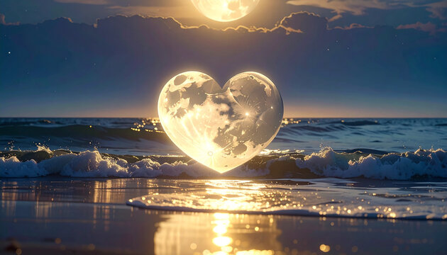Heart shaped moon over ocean