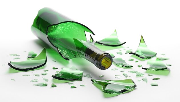 Broken green glass bottle on white background, shattered pieces