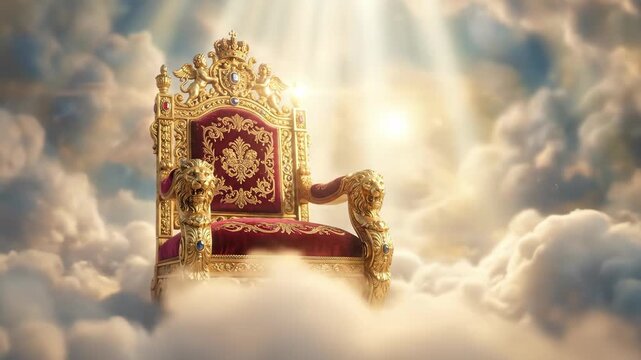 Glorious golden throne of Jesus Christ placed amidst divine clouds. Heavenly kingdom symbol with sun rays shining from above. Christian religious spiritual concept.