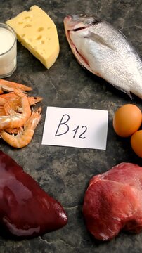 Foods that contain vitamin B12. Selective focus.