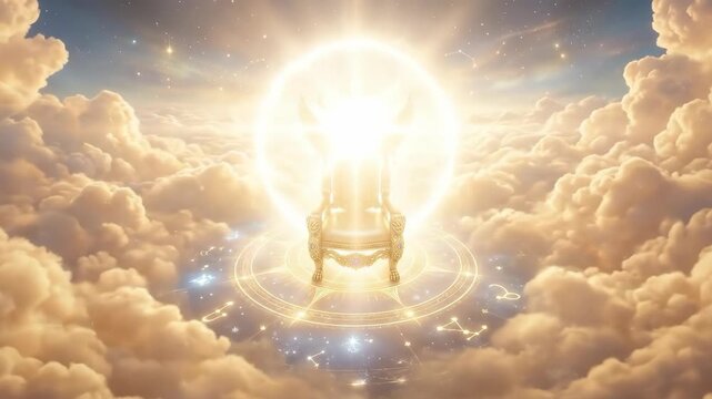 Golden throne floating in clouds of heaven. Majestic religious seat glowing with divine light. Catholic spiritual atmosphere depicting kingdom of God in sky.