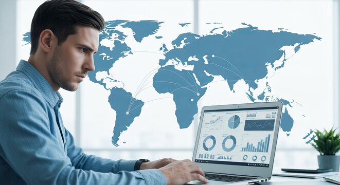 Professional Analyst Reviewing Comprehensive Global Data and Business Analysis Reports on Screen