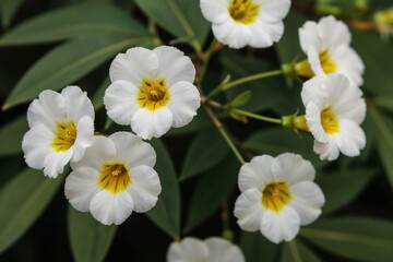 Obraz premium Taiwanese Flower in bloom. White petals with yellow center details. Green leaves form background. Delicate plant shows natural beauty outdoors.