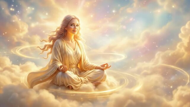 Radiant woman in white flowing robe meditating on fluffy clouds. Celestial being floating in golden sky. Divine presence, spiritual peace, ethereal light, heaven.