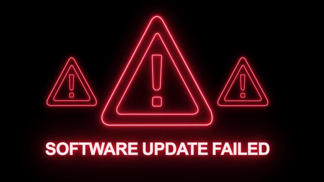 Software update failed warning sign with glowing red neon exclamation marks and digital error notification text for cybersecurity, system crash, network outage, and technical troubleshooting concepts