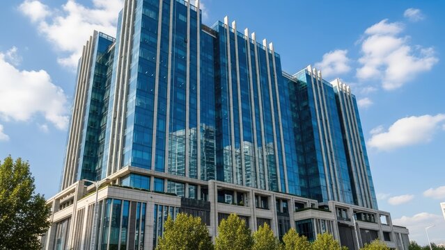 Modern glass skyscraper with reflective windows under blue sky