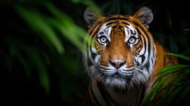Bengal Tiger portrait in jungle foliage, looking at camera, wildlife animal close-up view