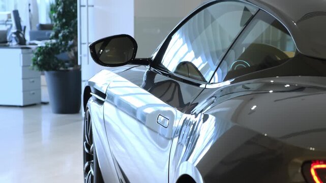 Glossy silver luxury sports car roof and door panel close-up with mirror reflection in luxury dealership. Flawless metallic paintwork and coupe roofline highlight British automotive craftsmanship