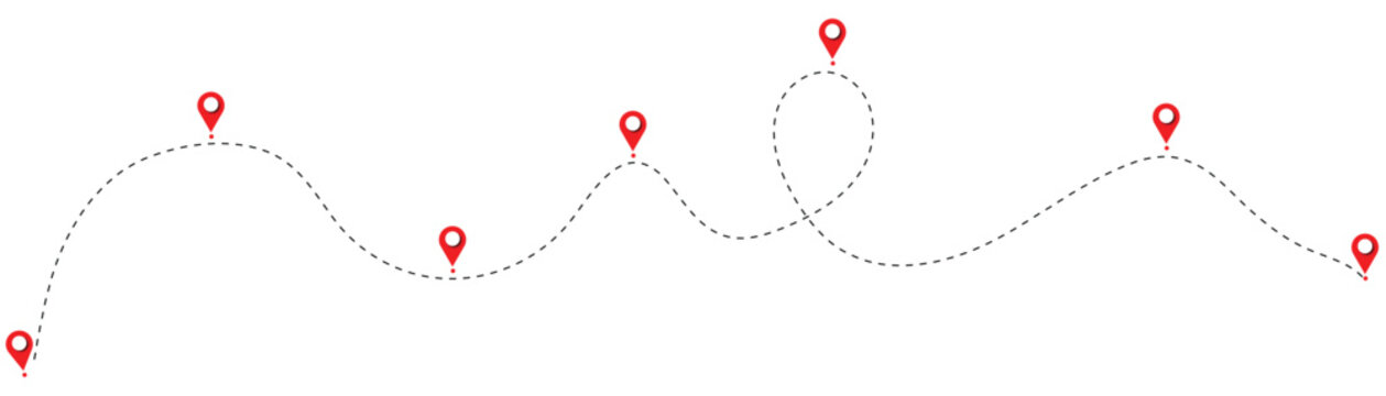 Dot line path route travel vector with location map pin icon. Route location icon 7 pin sign and dotted line. GPS points and path between them