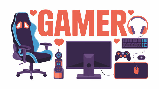 Gamer setup illustration with gaming chair computer peripherals and hearts on white background
