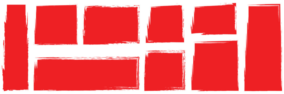 Set of red rectangular grunge template backgrounds. Black square shapes with ripped jagged borders on white background.set of blank rectangle photo frames,sticker, poster