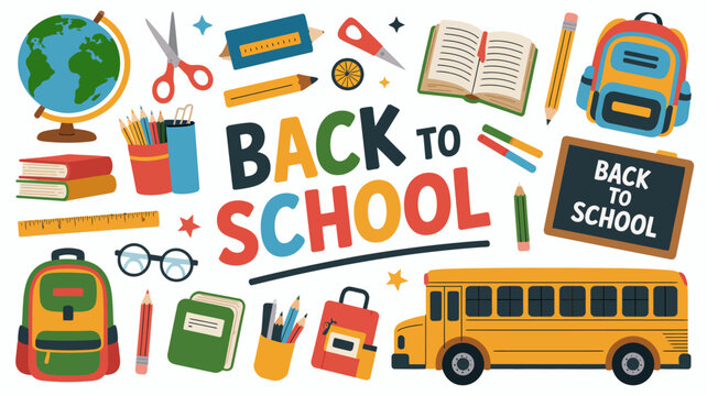 colorful back to school illustration with school supplies and a yellow bus on white