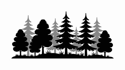 Black and white silhouette of coniferous trees and grass on a white background © Raian
