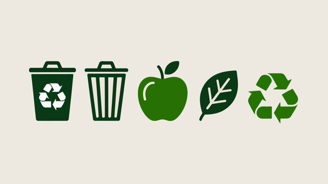 Green recycling trash apple leaf and recycle symbol icons on a neutral background