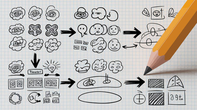 hand drawn sketches of flower and face designs with a yellow pencil on graph paper