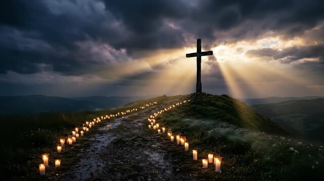 Christian cross standing on mountain hill illuminated by sunset light. Votive candles line uphill path for religious prayer. Spiritual landscape faith concept.