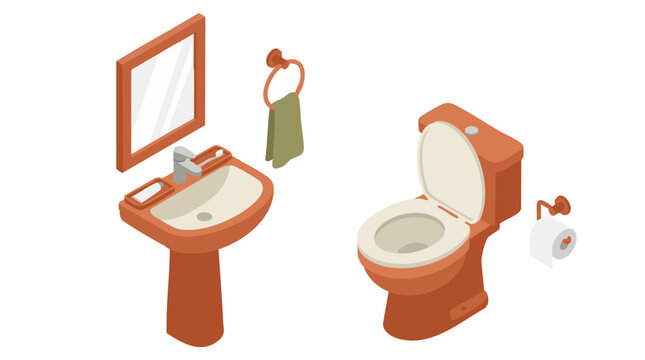 Isometric bathroom furniture set: washbasin with mirror and toilet illustration