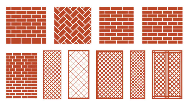 Collection of brick wall patterns and lattice designs in red brown on a white background