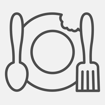 Bitten plate and fork with table knife line icon, food concept. Vector graphics. Platter sign with outline style for mobile or web design.