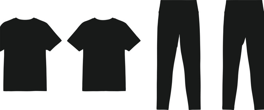 Set of black clothing silhouettes including front and back views of short sleeve t-shirts and slim fit leggings or yoga pants